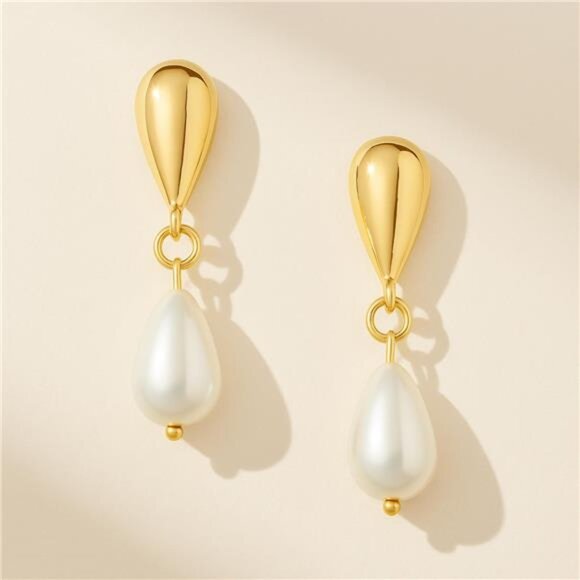 14K Gold-Plated Teardrop Pearl Drop Earrings – Elegant, Hypoallergenic - Picture 3 of 4